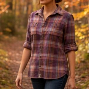 Woolrich Purple Orange Plaid Button Down Shirt Metal Buttons